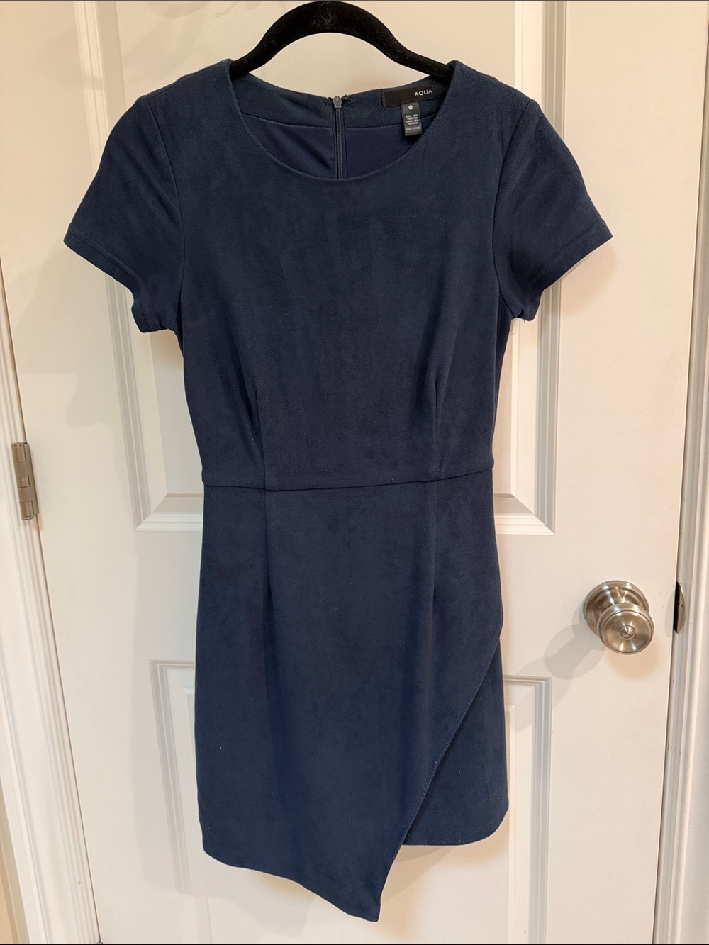 Aqua Navy Short-Sleeve Faux-Wrap Asymmetrical Dress